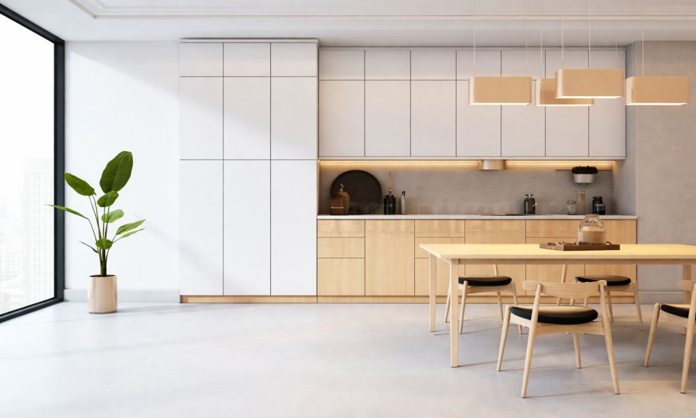 Moderna kuhinja sa minimalističkim dizajnom i neutralnim podom