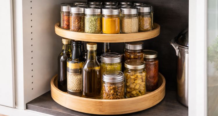 Organizacija kuhinje uz rotirajući organizator u dubokom ormariću za začine, ulja i tegle