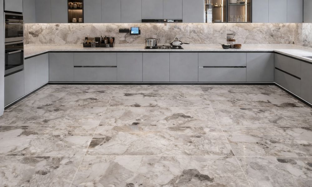 Moderna kuhinja sa keramičkim pločicama velikog formata na podu