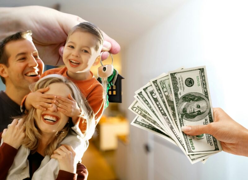 prikaz novog doma, porodice mama, tata i dete i novac na slici