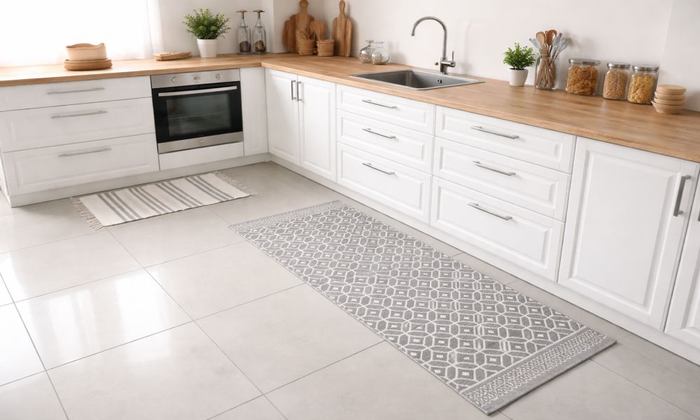 Svetla kuhinja sa pločicama na podu i dekorativnim prostirkama uz radnu zonu