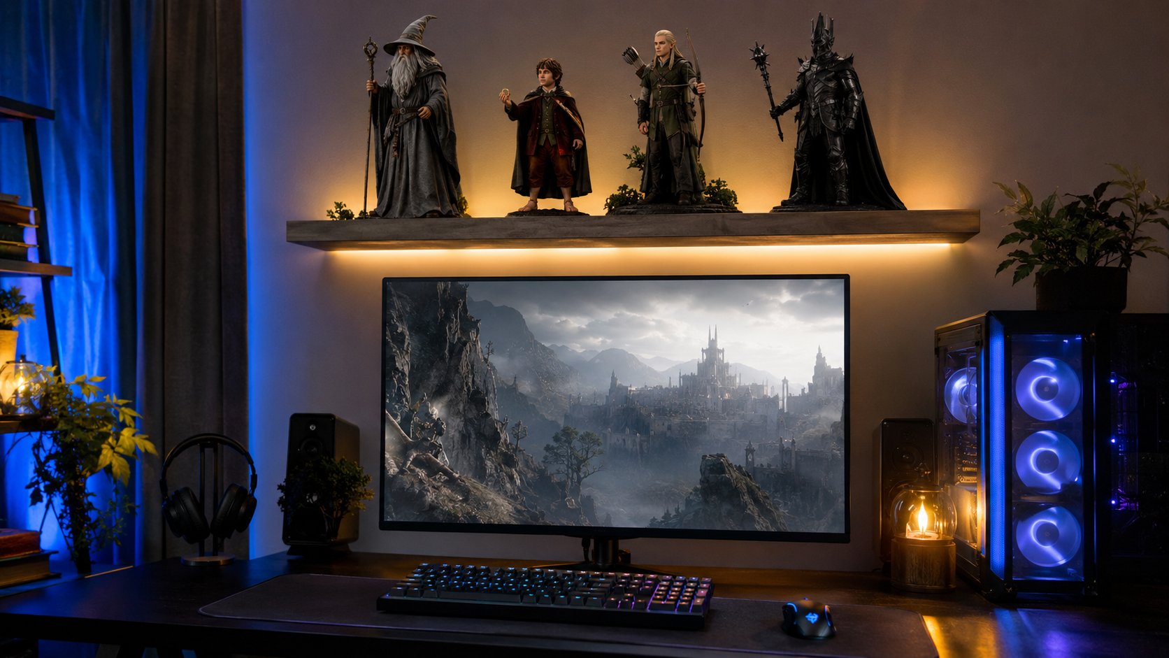 Gejming soba sa kolekcionarskim figurama likova iz fantastičnog sveta postavljenim iznad monitora.