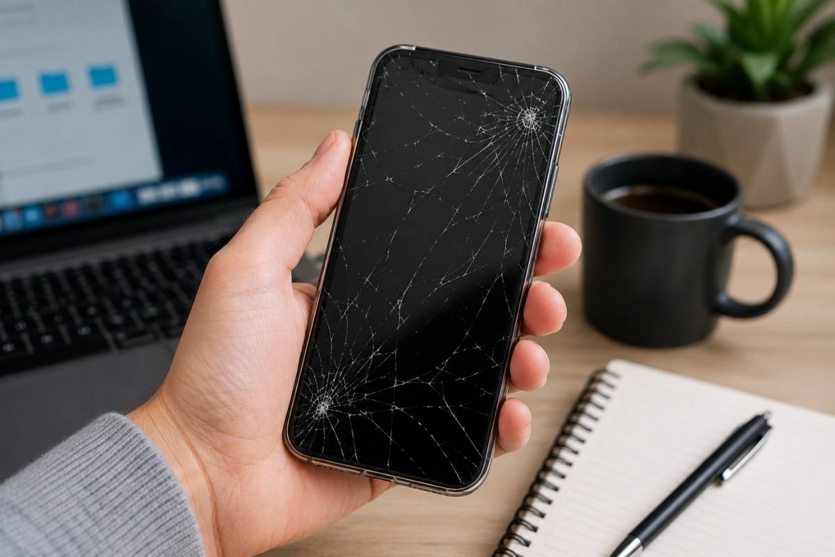 Ruka drži telefon sa napuklim ekranom u zaštitnoj maski, uz laptop i radni sto u pozadini.